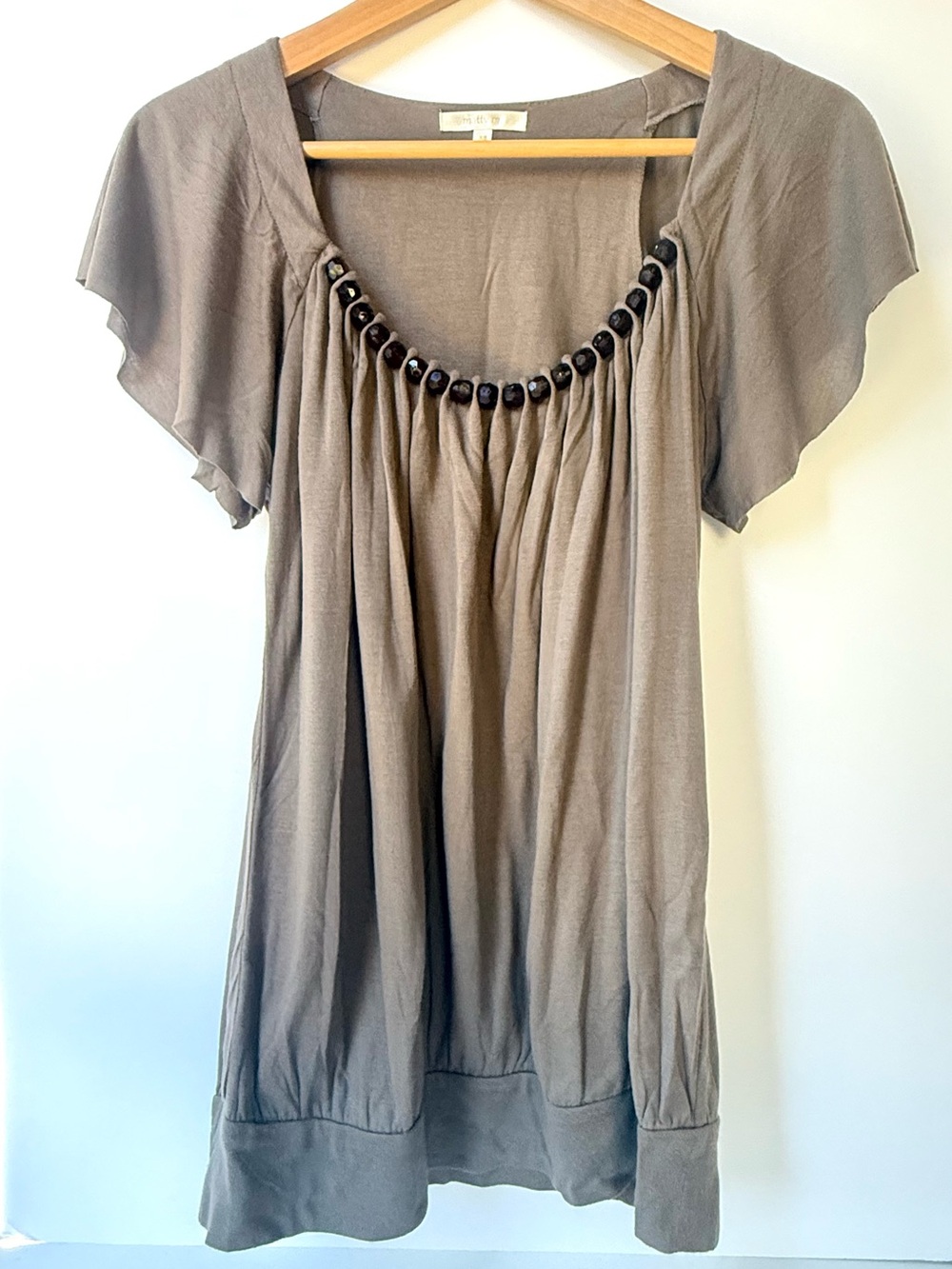 Matty M Olive Green Scoop-Neck Top with Black Bead Trim